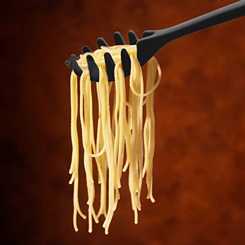 Kufung Silicone Pasta Fork (11.2"), High Heat Resistant To 480°F, Food Grade Pasta Spoon, Bpa Free, Spaghetti Strainer & Server Spoon (Black, Noodle Spoon) #TOP5