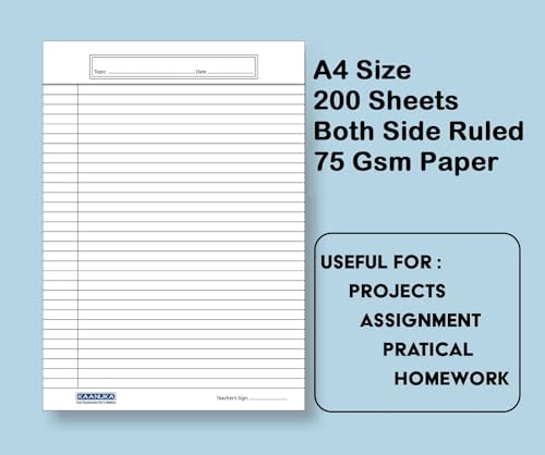 Image of KAANUKA A4 Size Both Side Ruled Sheets | 200 Sheets | 75 GSM Premium Paper | For School, College & Office Use | Writing, Projects, Assignments, Practicals, Homework