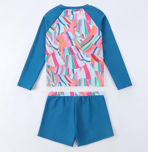 Image of Girls Long Sleeve Swimsuits 2 Pieces Set Rash Guard Swimwear Quick Dry Surfing Wetsuit for Kids Bathing Suit 5-16 Years