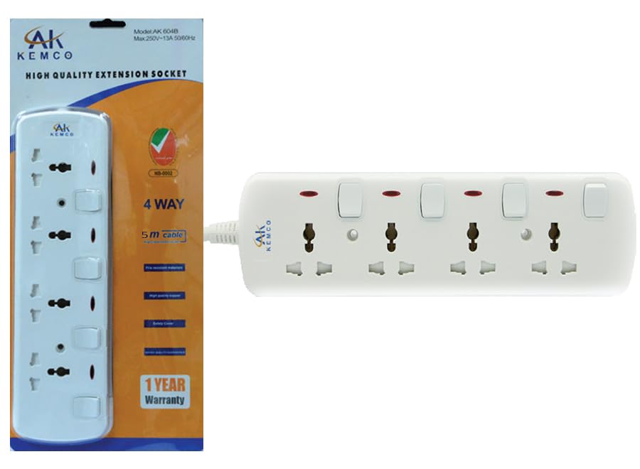 Kemco 4 Way Universal Extension Cord Power Cord Power Strip Extension Lead 5 Meter Cable AK 604B-5MTR