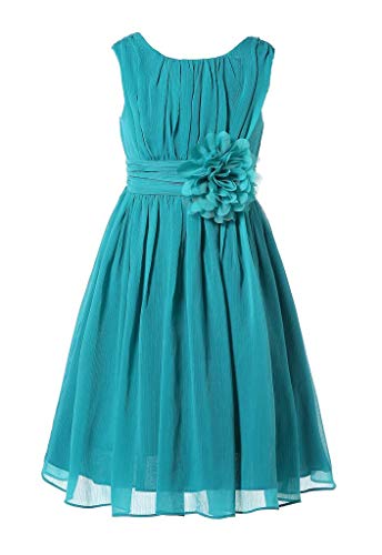 Bow Dream Flower Girls Dresses Junior Bridesmaids Little Girls Elegant Ruffle Chiffon Tea Length Peacock Blue 14
