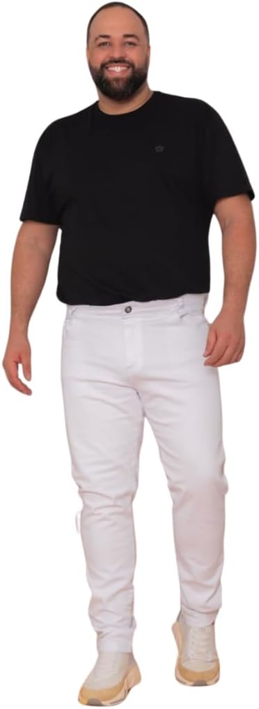 Calça Allepo Jeans Masculina Plus Size em Sarja, Branca, Estilo Casual