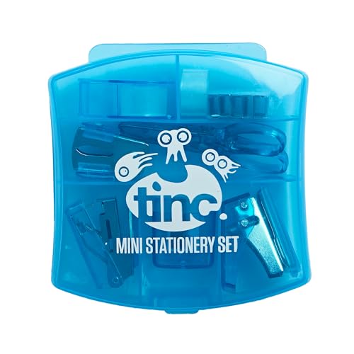 Tinc Mini juego de papelería - Azul | Dispensador de cinta, tijeras, grapadora, removedor de grapas, perforador, sacapuntas ideal para la escuela