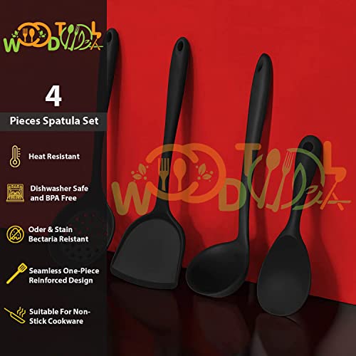 Image of Silicone 4-Piece Cooking Utensils Set - BPA-Free Cooking Spatulas - Soup Ladle, Rice Spoon, Turner Spatula, Skimmer (Black)