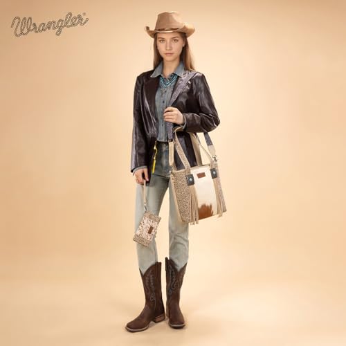 Image of Montana West Wrangler Cowhide Tote Bag for Women Western Tooling Handbag Leather Fringing with Turquoise Stone Concho