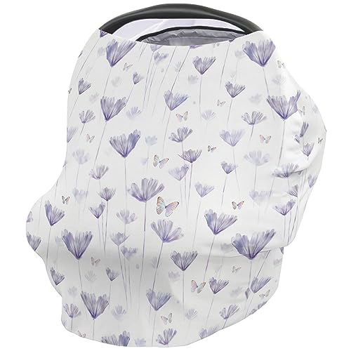 Nursing Cover for Breastfeeding Scarf, Purple Flower Butterfly Baby Car Covers Super Soft Multi Use for Canopy Shopping Cart Cover Blanket Stroller Cover