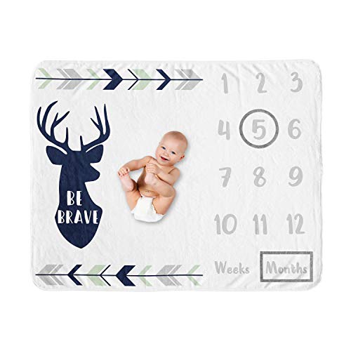 Image of Sweet Jojo Designs Woodland Deer Boy Milestone Blanket Monthly Newborn First Year Growth Mat Baby Shower Memory Keepsake Gift Picture - Navy Blue, Mint and Grey Woodsy Forest Arrow Be Brave