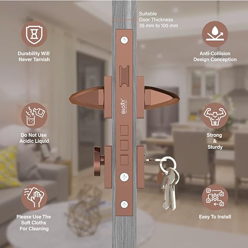 Image of GLOXY Premium Zinc Main Door Lock Handle - Mortise Door Lock with Rose Gold Finish or Home, Kitchen & Office Doors - Heavy Duty Mortise Lock with 3 Brass Keys - Secure Lock Body with 2 Year Warranty