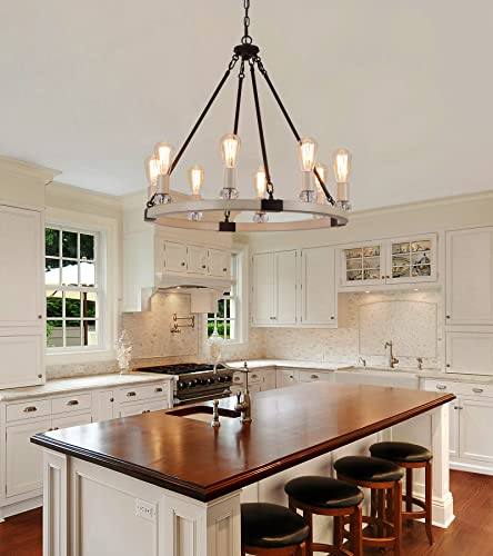 Meixisue Modern Farmhouse Rustic Wagon Wheel Chandelier Metal Round Luxury Industrial Country Chandelier Light Fixture For Kitchen Dining Room Entryway 8-Lights E26 W26.3 Ul Listed #TOP5