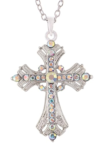 Image of Alilang Silvery Tone Religious Cross Pendant Necklace w /Aquamarine Blue Or Clear Crystal Rhinestones
