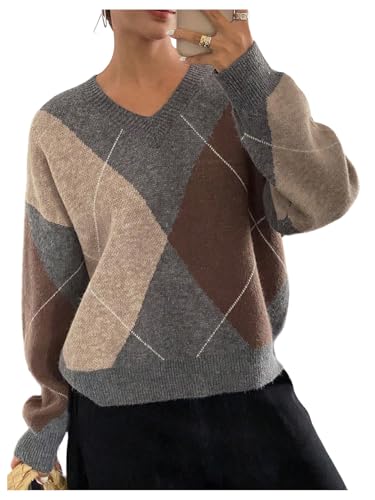 GORGLITTER Womens Argyle Sweater Colorblock Long Sleeve V Neck Fall Trendy Knitted Pullover Old Money Clothes Brown Large