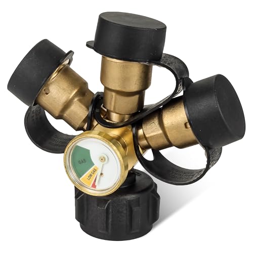 3 Way Propane Splitter with Gauge & Shut-Off Valves, QCC1/Type1 Propane Tank Y Splitter Adapter 3-Port LP Gas Connector for 5-40lb Tanks, BBQ Grills, Camp Stoves, Gas Burners, Heaters, RVs, Fire Pit