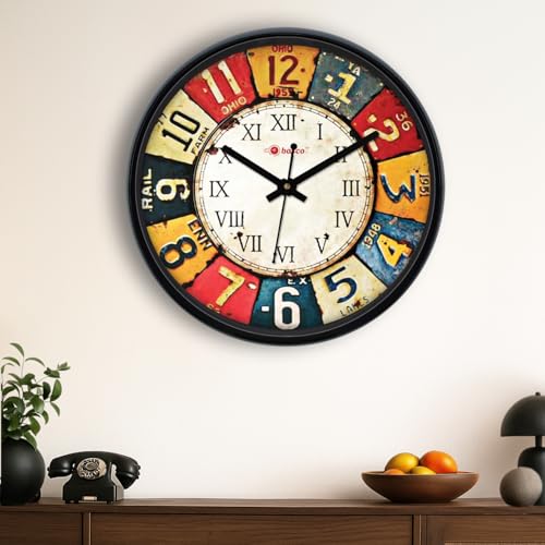 Image of Bosco Decorative Non Ticking Silent, Multicolour with Black Frame 30 CM, Modern Design Round Wall Clock for Home, Living Room, Bedroom, Office and Kitchen | BWC-1250