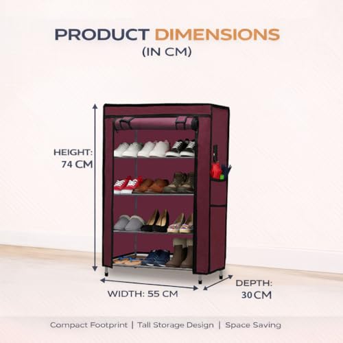Image of Metal Shoe Stand with Cover, 4 Tier Shoe Organizer for Home & Office - Maroon
