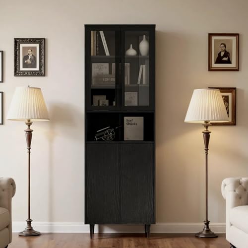 TUSY 70.9“ H Bookcase with Doors, 6-Tier Bookshelf with Open Shelf, Display Curio Cabinet with Glass Door, Narrow Display Bookcase for Home, Office, Clinic, Pantry (Black)