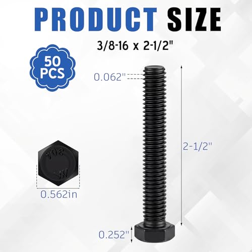 Image of Zonon 50 Pcs 3 /8-16 x 2-1 /2 inch Hex Head Screw Bolt 18-8 (304) Stainless Steel Hexagon Bolts, Fully Threaded, Plain Finish, External Hex Drive (Black)