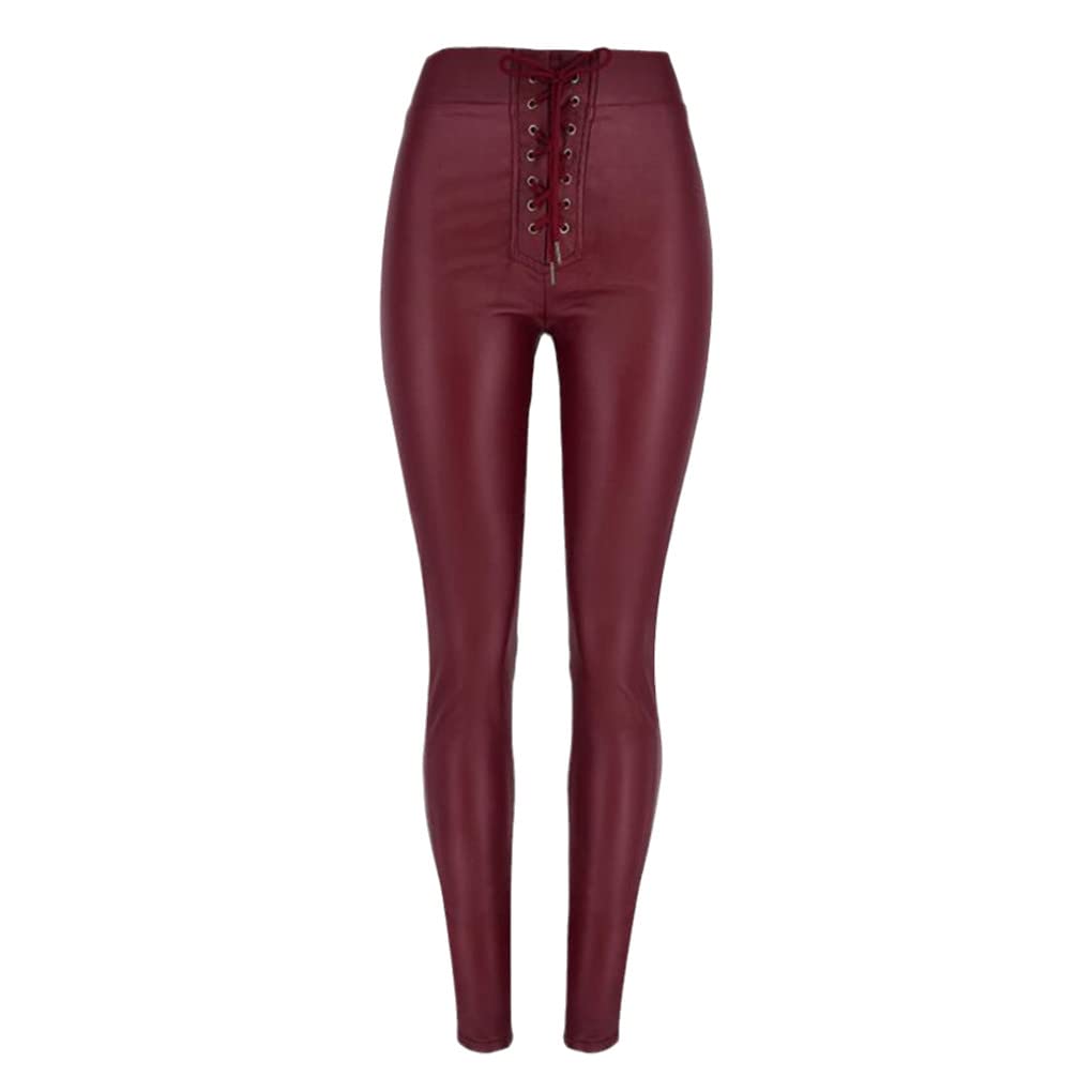 Dninmim Pantaloni in pelle sottile con coulisse a vita alta femminili Pantaloni in pelle primavera e autunno neri skinny matita PU