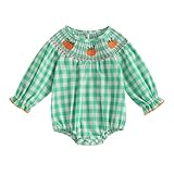 YILEEGOO Strampler für Kleinkinder, Baby, Mädchen, Gingham-Muster, gesmoktes Outfit, Erntedankfest, Kürbiskleidung, bestickt, kariert, langärmelig, gerüscht, Grüner Gingham-Kürbis, 2-3 Years