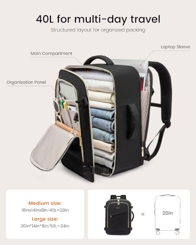 Image of LOVEVOOK Travel Backpack for Women, 40L Carry On Backpack for Airplanes, Personal Item Bag for Airlines Fits 17 inch Laptop,TSA Approved Luggage with 3 Packing Cubes,Waterproof Weekender Gym back pack