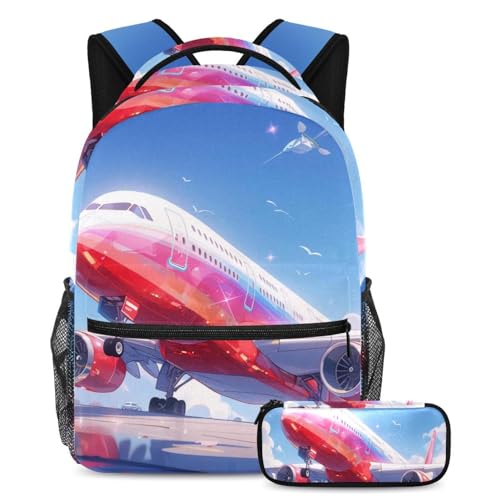 Sac à dos avec trousse motif avion rouge multicolore pour les étudiants