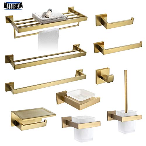 Toallero dorado cepillado accesorios de baño juego de accesorios de baño, toallero, soporte de papel higiénico, toallero, gancho, jabonera, cepillo de inodoro, regalo sorpresa