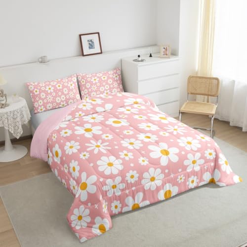 Image of Daisy Flower Groovy Comforter Set Toddler Size Kids Boys Girls Bedding | Retro Boho Breathable Soft Lightweight Duvet Set Quilt Set Bedroom Decor Microfiber 2Pcs Light Pink Warm Cozy All Season