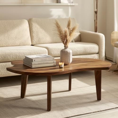 Image of Sheesham Wood Coffee Table for Living Room | Organic Shape Center Unit with Curved Edge Top | Japandi Mid Century Modern Wooden Tea Furniture with Tapered Legs |Contemporary Cocktail Piece| Teak Brown