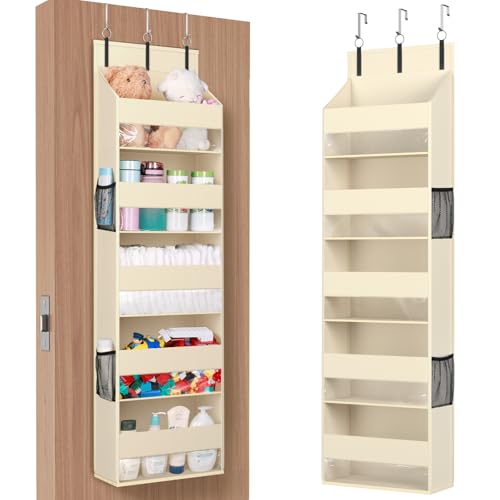 Image of Lifewit 1 Pack Over the Door Organizer, 5 Shelf Clear Window Hanging Storage with 4 Mesh Side Pockets, Anti Tilt 40 lbs Load Behind Door for Pantry, Nursery, Bathroom, Bedroom, Kitchen, Dorm, Beige