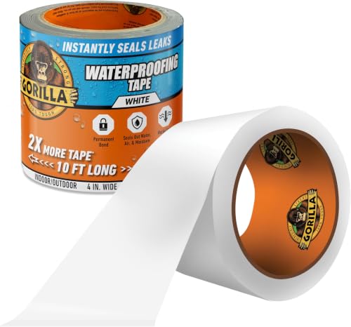 Image of GORILLA Waterproof Patch & Seal Tape, White Tape, 4 inch x 10' (Pack of 6) - Permanent Weather Resistant Seal for Leaks and Repairs