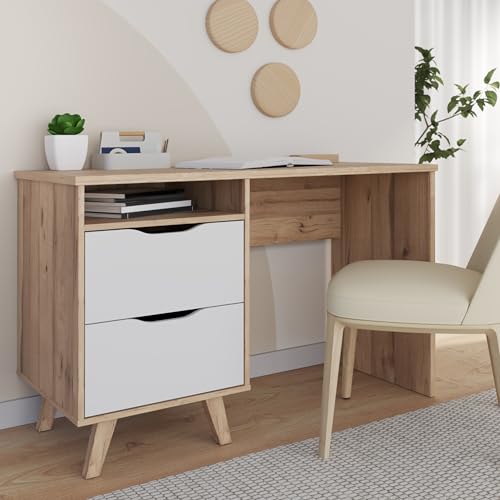 Forte VANKKA Escritorio Skandi 120, Escritorio con 2 cajones, Compartimento Abierto y Patas de Muebles de Filigrana, Madera de Roble plancado, decoración de Madera de Roble de 119,7 cm de Ancho x 75