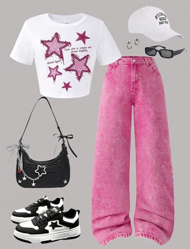 Image of Jeans for Girls Baggy Wide Leg Cute Bow High Elastic Waisted Denim Pants Y2K Boyfriend Skater Streetwear 7-14Y