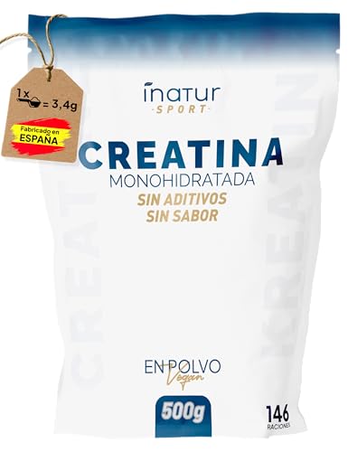 Creatina Monohidratada en polvo 500g / 146 dosis - 100% Creatina Monohidrato Micronizada - Pura - Sin aditivos - Sin Sabor - Vegana - SIN GLUTEN - Incluye dosificador - Alta solubilidad
