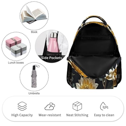 Gold Flowers on Black Backpack for Men Women, Durable Small Backpack Casual Lightweight Daypack for Travel Bag3