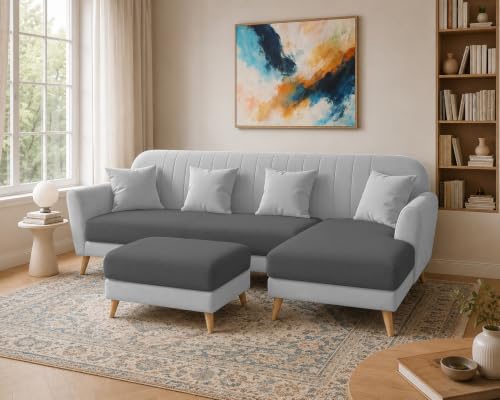 Image of Atticus RHS 6 Seater L Shape Sofa Set with Ottoman Living Room (Black Grey Colour Fabric) Premium Fabric Sofa Set for Living Room