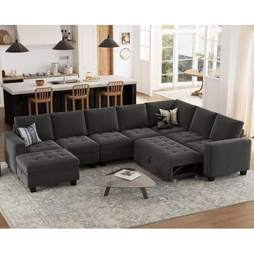 Belffin Velvet Grey Large L-Shaped Modular Sectional Sofa with Reversible Storage Ottoman Chaise, Pull Out Sleeper Couch Bed Large Corner Shape Sleepe