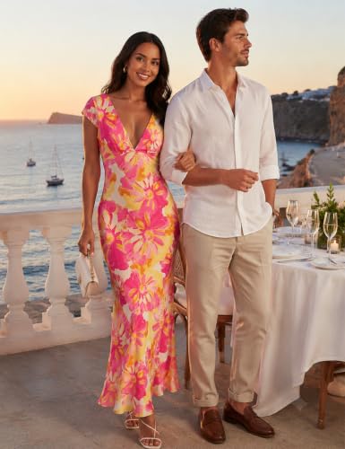 Image of Halfisland Womens Summer Satin V Neck Cap Sleeve Midi Dress Wedding Guest