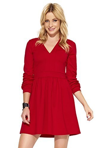 Makadamia Glamour Women's V-Neck Tunic Fashionable Knee Length Empire Style Short Dress with Long Sleeves FA570