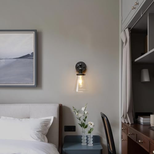 Image of PERMO Industrial Black Wall Sconce with On /Off Switch and Funnel Flared Clear Glass Shade for Living Room Bathroom Bedroom