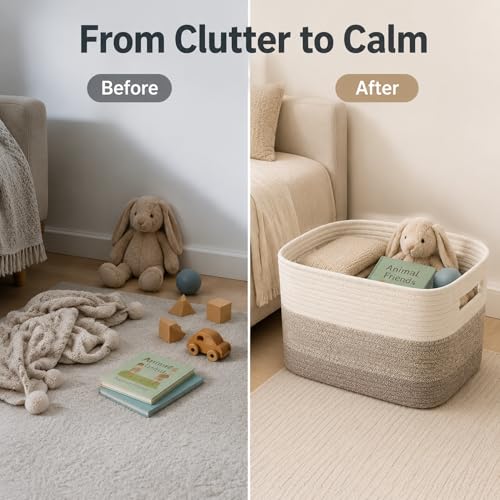 Image of Cotton Rope Laundry Basket Small, 12.8GAL Collapsible Woven Storage Baskets for Living Room Kids Toys Stuffed Animal,Boho Rectangular Decorative Short Hamper for Dirty Clothes Blankets Gradient Brown
