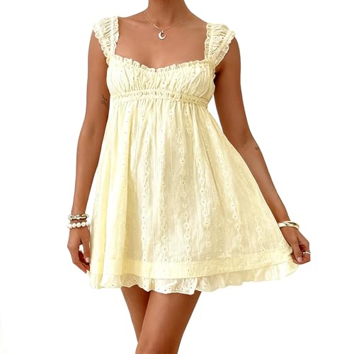 WephuPSho Womens Summer Sleeveless Babydoll Dress Casual Flowy Swing Y2k Mini Dresses Beach Vacation Party Sundress (Light Yellow S)