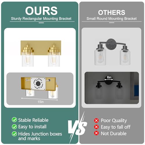 Image of IZORRO Bathroom Vanity Light Fixture, 2-Light 15 Inch Gold Bathroom Light Fixtures Over Mirror, with Clear Glass Shade, Modern Farmhouse Vanity Lights, Rustic Restroom Lighting Fixtures