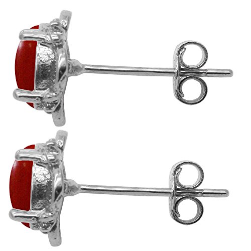 Boucles d'oreille corail rouge naturel or blanc 9 carats filigrane BJC - 4