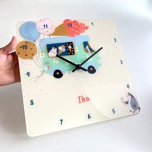 Image of Zooboo Personalized Analog Wall Clock, Custom Name Acrylic Silent Quartz Movement Wall Clock with Sleek Modern Design, Ideal for Birthdays or Return Gifts (Design - Ice Cream Fun), 30x30 Cm