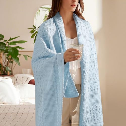 Image of PHF 100% Cotton Waffle Throw Blanket for Couch, Lightweight Breathable and Soft for Summer, Luxury Aesthetic Waffle Weave Blanket for Home Decor & Office, Gifts for Women, 50 inchx60 inch, Baby Blue