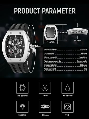 Image of Tsar Bomba Mens Watches Quartz Wristwatch for Men Waterproof 50M Analog Luxury Tonneau Chronograph Calendar Date Men's Dress Business Work Watch Gift for Men