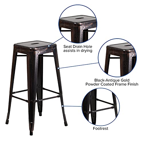 Merrick Lane Newark Series Black-Antique Gold 30" High Backless Metal Bar Height Stool With Square Seat For Indoor-Outdoor Use #TOP3