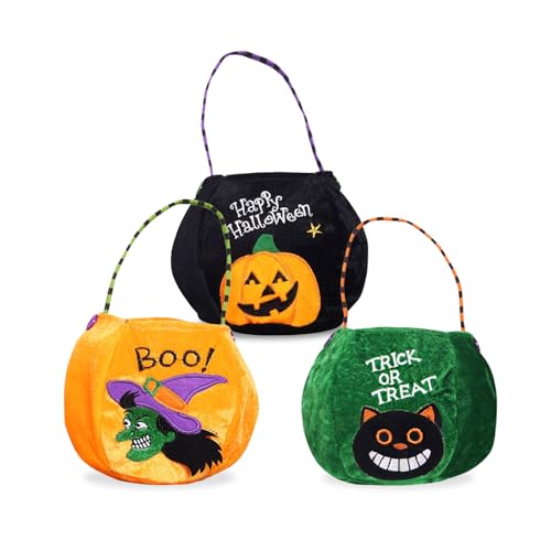 KASESSS 3 Pcs Halloween Sweet Bags, Halloween Bags, Halloweens Bucket, Halloweens Pumpkin Candy Bag, halloween Party Bags for Kids Party with Handle for Trick or Treating, Reusable Gift Bag for Snack