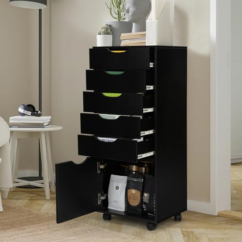 TUSY 5-Drawer Organizer with Bottom Cabinet Storage, Tall Chest of Drawers with Caster Wheels, Storage Cabinet for Home Office, Black