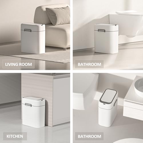 Image of ELPHECO 2.5 Gallon Garbage Can with Buckle-up Latches, Motion Sensor Trash Can with Buckling Latches for Bathroom, Living Room, Office, Bedroom, 2 AA Batteries (Excluded)，White,