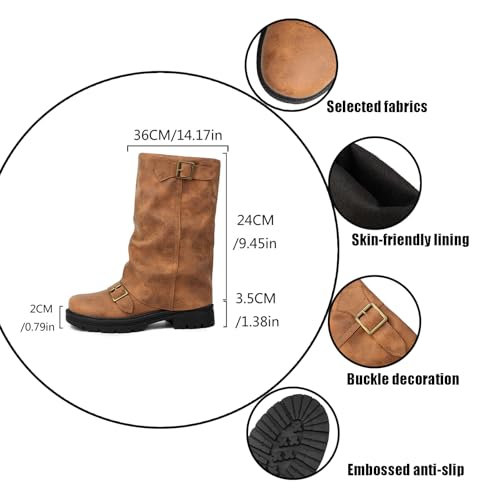 Women's Leather Slouchy platform Buckle Mid-Calf Boots Comfort Wide Round Toe Slip On lug sole Motorcycle Combat Boots3